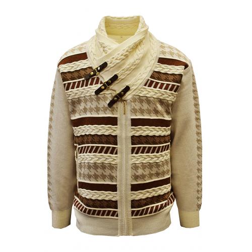 Silversilk Cream / Brown / Cognac Buckled Shawl Collar Zip-Up Sweater 7206